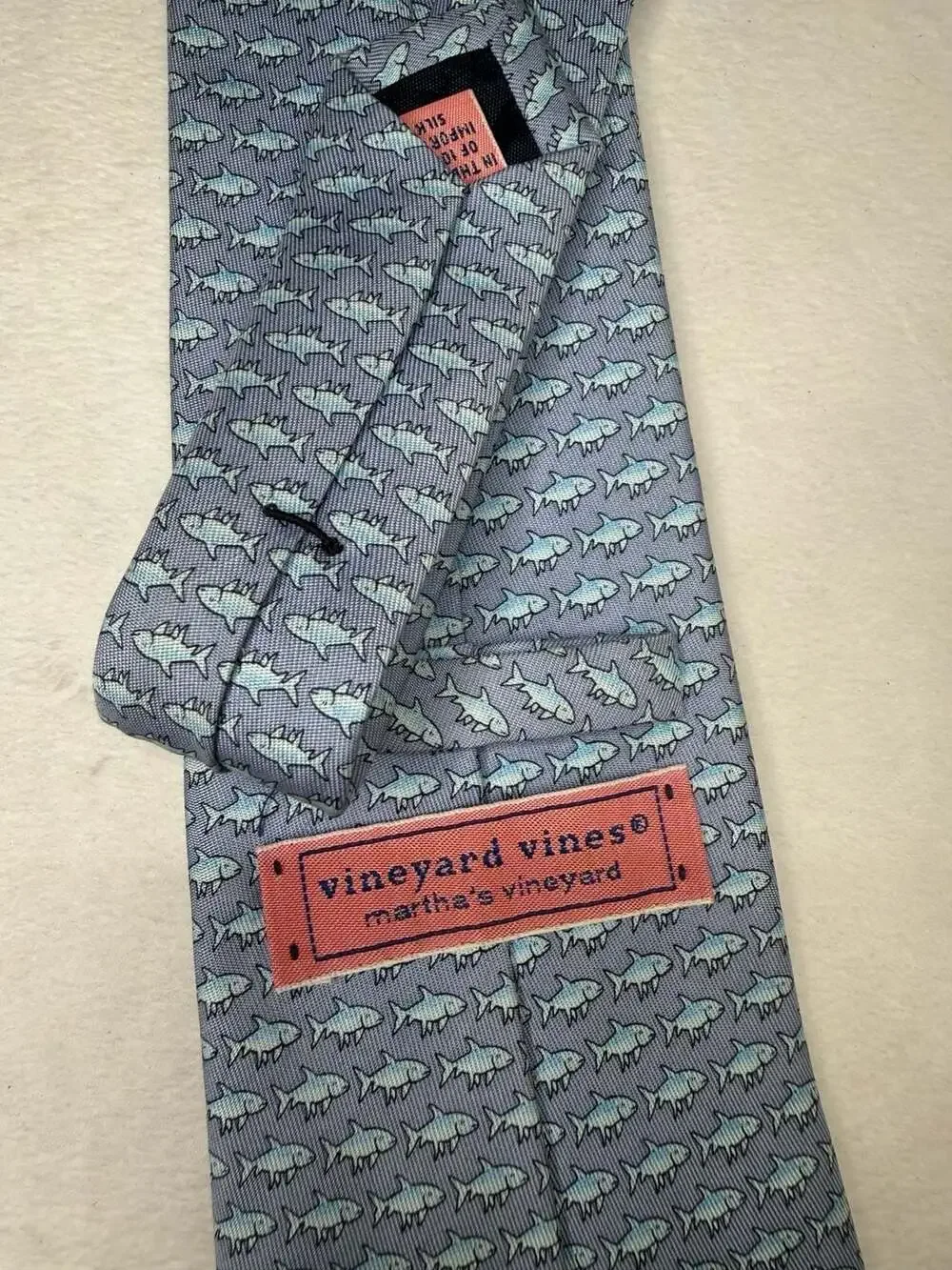 Vineyard Vines Blue Shark Pattern 100% Silk Necktie Made in USA